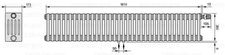 Схема (чертеж) Радиатор Zehnder Charleston 5026/35 №V008 Белый глянцевый RAL 9016